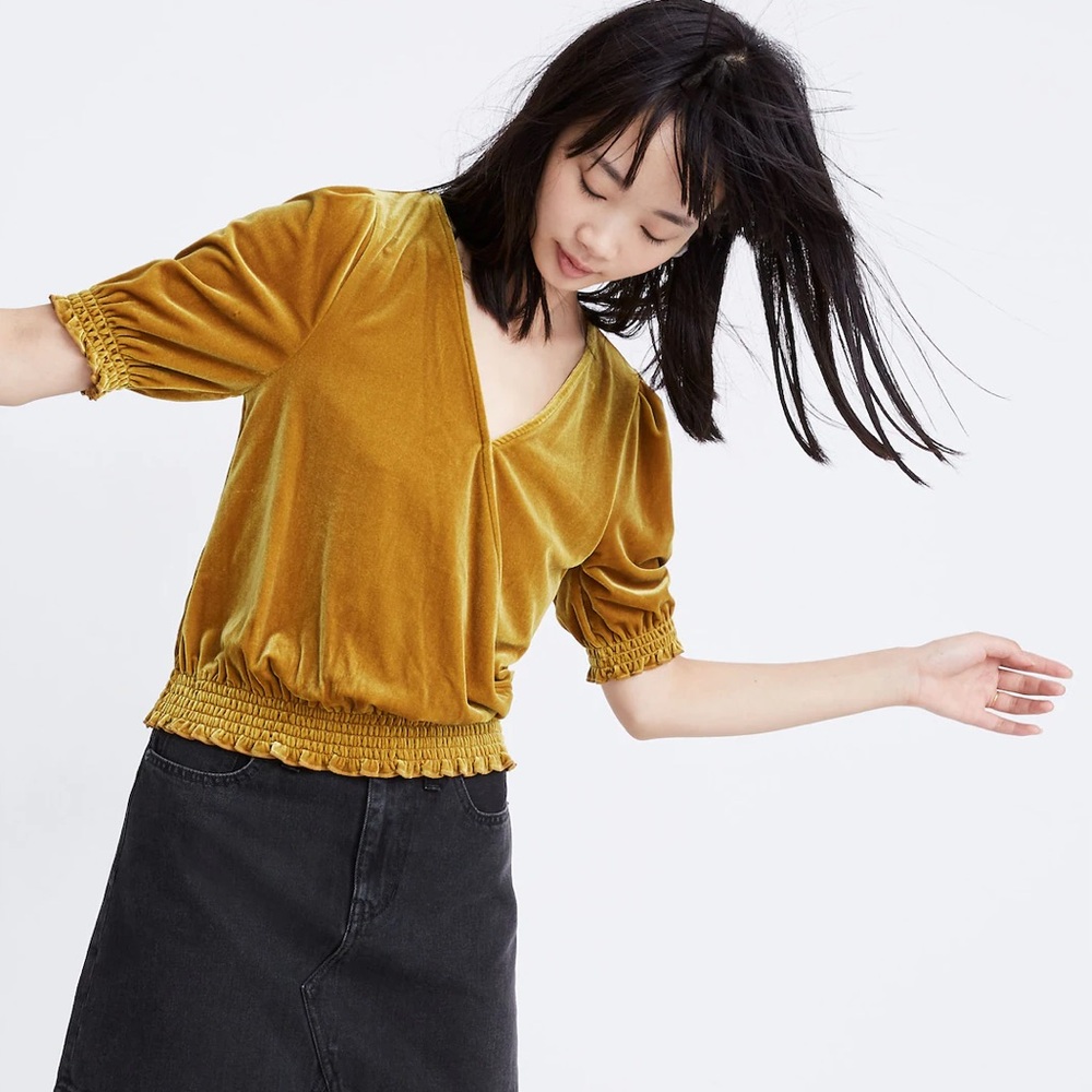 New Madewell Velvet Smocked Crossover Golden  Boho Blouse Top Mustard Gold